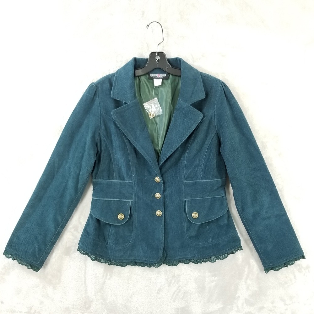 The Pyramid Collection Blazer Women M Teal Forest Green Corduroy‎ Lace Trim Twee